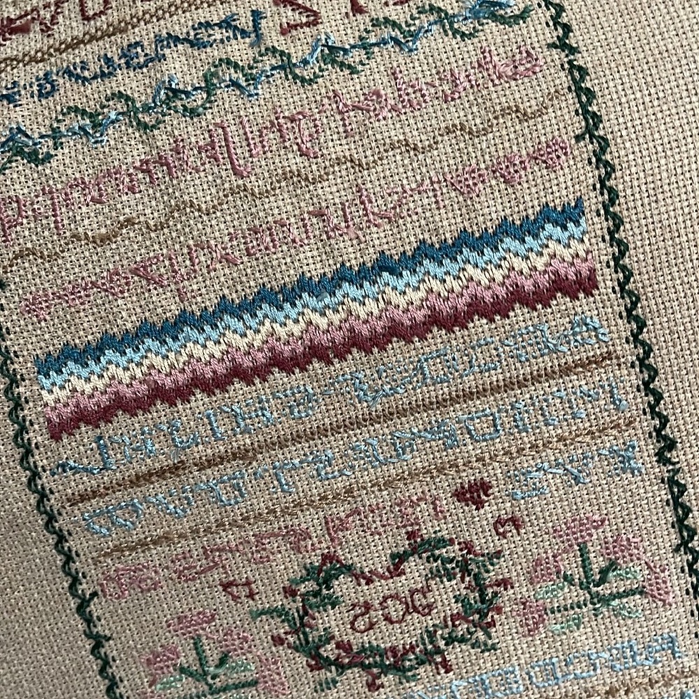 Vintage Cross Stitched Sample, 1987. Both sides are amazing and beautiful